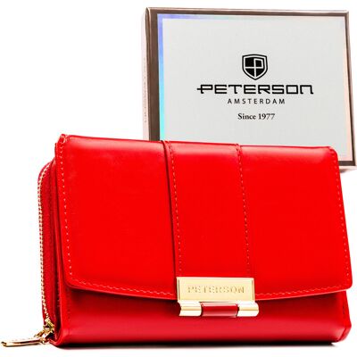 Portfel damski czerwony PETERSON mały portmonetka na zatrzask i suwak elegancki rozbudowany na karty ochrona RFID Portfel damski czerwony PETERSON mały portmonetka na zatrzask i suwak elegancki rozbudowany na karty ochrona RFID