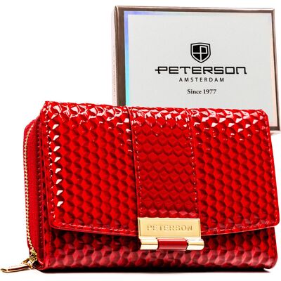 Portfel damski lakierowany PETERSON mały na zatrzask i suwak ochrona RFID rozbudowany na karty elegancki czerwony Portfel damski lakierowany PETERSON mały na zatrzask i suwak ochrona RFID rozbudowany na karty elegancki czerwony