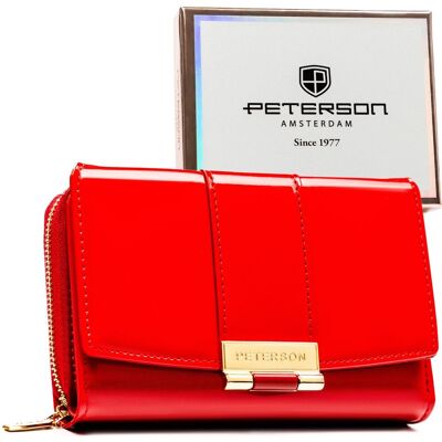 Portfel damski lakierowany PETERSON mały ochrona RFID na zatrzask i suwak rozbudowany na karty elegancki czerwony Portfel damski lakierowany PETERSON mały ochrona RFID na zatrzask i suwak rozbudowany na karty elegancki czerwony