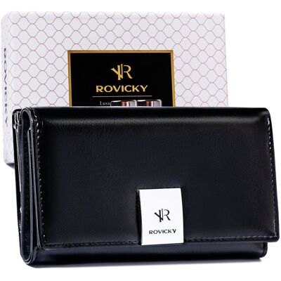 Portfel damski na karty skórzany na bigiel portmonetka RFID Rovicky czarny w pudełku Portfel damski na karty skórzany na bigiel portmonetka RFID Rovicky czarny w pudełku