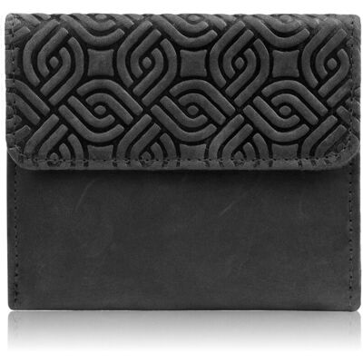 Paolo Peruzzi Portfel Damski Skórzany Vintage Czarny Mały Z Ochroną Rfid W Oryginalny Geometryczny Wzór T-114-Hbl Paolo Peruzzi Portfel Damski Skórzany Vintage Czarny Mały Z Ochroną Rfid W Oryginalny Geometryczny Wzór T-114-Hbl