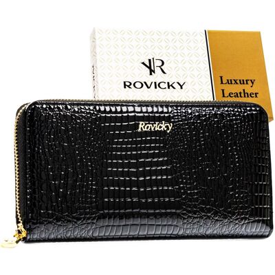 Portfel damski slim ROVICKY elegancki duży skórzany lakierowany na zamek ochrona RFID STOP czarny Portfel damski slim ROVICKY elegancki duży skórzany lakierowany na zamek ochrona RFID STOP czarny