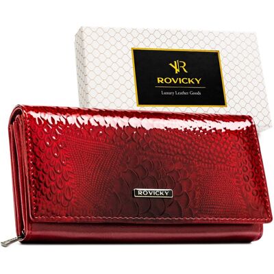 Portfel damski ze skóry naturalnej elegancki skórzany Rovicky w pudełku czerwony Portfel damski ze skóry naturalnej elegancki skórzany Rovicky w pudełku czerwony
