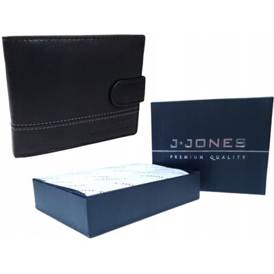 Portfel męski czarny skórzany poziomy z zatrzaskiem i dekoracyjnymi przeszyciami Jennifer Jones RFID SAFE elegancki prezent na święta Portfel męski czarny skórzany poziomy z zatrzaskiem i dekoracyjnymi przeszyciami Jennifer Jones RFID SAFE elegancki prezent na święta