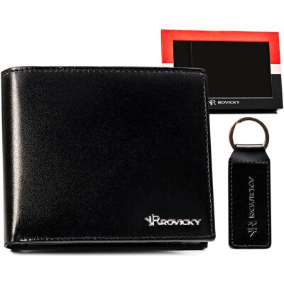 Rovicky Portfel męski skórzany czarny ochrona RFID + brelok zestaw na prezent Rovicky Portfel męski skórzany czarny ochrona RFID + brelok zestaw na prezent