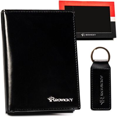 Rovicky Portfel męski skórzany czarny RFID ochrona + brelok zestaw na prezent Rovicky Portfel męski skórzany czarny RFID ochrona + brelok zestaw na prezent