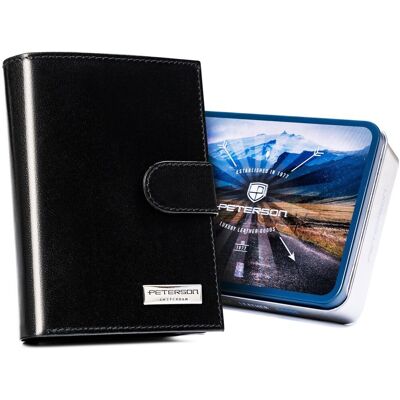 Portfel męski skórzany Peterson na karty elegancka portmonetka z ochroną RFID na zatrzask czarny Portfel męski skórzany Peterson na karty elegancka portmonetka z ochroną RFID na zatrzask czarny