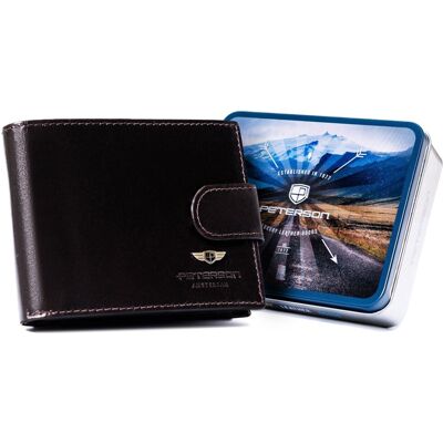Portfel męski skórzany z zapięciem PETERSON mały poziomy elegancki ochrona RFID brązowy Portfel męski skórzany z zapięciem PETERSON mały poziomy elegancki ochrona RFID brązowy