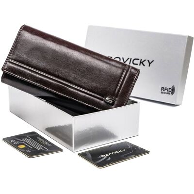Portfel skórzany damski Rovicky na zatrzask pojemna portmonetka na gotówkę i karty z ochroną RFID, brązowy Portfel skórzany damski Rovicky na zatrzask pojemna portmonetka na gotówkę i karty z ochroną RFID, brązowy