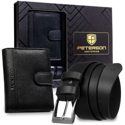 Portfel skórzany męski zestaw + pasek do spodni Peterson mały na karty gotówkę skóra naturalna czarny Portfel skórzany męski zestaw + pasek do spodni Peterson mały na karty gotówkę skóra naturalna czarny