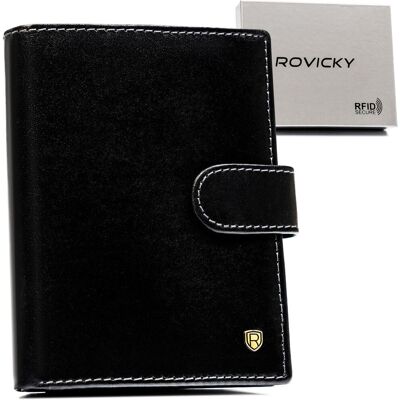 Rozbudowany duży pionowy portfel męski ROVICKY skórzany czarny na zatrzask karty gotówka dokumenty na prezent antykradzieżowy ochrona RFID Rozbudowany duży pionowy portfel męski ROVICKY skórzany czarny na zatrzask karty gotówka dokumenty na prezent antykradzieżowy ochrona RFID