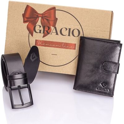 Skórzany klasyczny pasek i portfel GRACIO, kolor czarny, idealny na prezent Skórzany klasyczny pasek i portfel GRACIO, kolor czarny, idealny na prezent