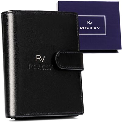 Zapinany klasyczny portfel męski ze skóry naturalnej z ochroną kart RFID Rovicky, czarny Zapinany klasyczny portfel męski ze skóry naturalnej z ochroną kart RFID Rovicky, czarny