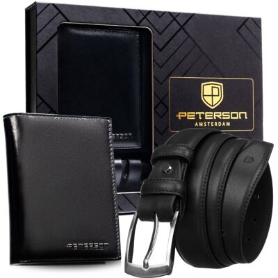 Zestaw męski portfel skórzany pasek do spodni 125 czarny na prezent Peterson Zestaw męski portfel skórzany pasek do spodni 125 czarny na prezent Peterson