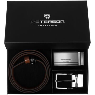 Peterson Zestaw prezentowy męski pasek dwustronny męski z wymiennymi klamrami rozmiar 85 do spodni i garnituru, czarny brązowy Peterson Zestaw prezentowy męski pasek dwustronny męski z wymiennymi klamrami rozmiar 85 do spodni i garnituru, czarny brązowy