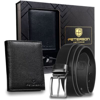 Zestaw prezentowy portfel czarny RFID skórzany pasek męski 135 do spodni Peterson Zestaw prezentowy portfel czarny RFID skórzany pasek męski 135 do spodni Peterson
