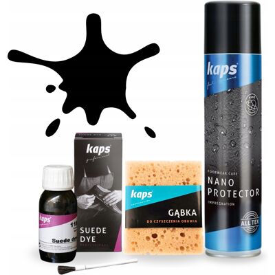 Kaps Czarna Farba Do Zamszu Nubuku I Nano Protector Do Butów Z Gąbką Zestaw 3w1 Kaps Czarna Farba Do Zamszu Nubuku I Nano Protector Do Butów Z Gąbką Zestaw 3w1