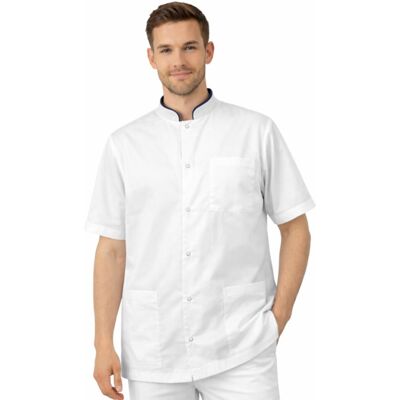 M&C Bluza medyczna męska ze stójką biała ze stójką granatową krótki rękaw roz.L M&C Bluza medyczna męska ze stójką biała ze stójką granatową krótki rękaw roz.L