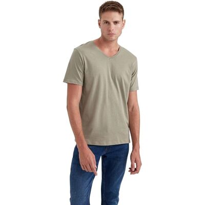 DEFACTO MĘSKI T-SHIRT Z DEKOLTEM V W KOLORZE BEŻOWYM M 5DA DEFACTO MĘSKI T-SHIRT Z DEKOLTEM V W KOLORZE BEŻOWYM M 5DA