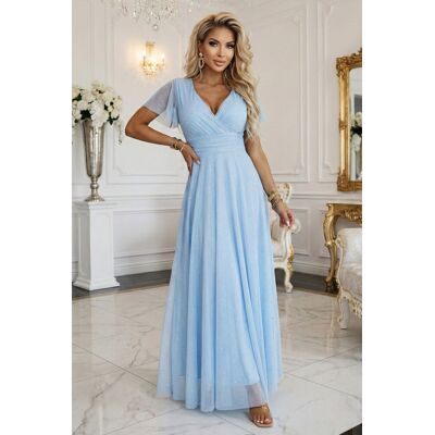 numoco basic 635-6 MELANIA długa błyszcząca suknia na wesele z dekoltem i krótkim rękawkiem - błękitna - UNI numoco basic 635-6 MELANIA długa błyszcząca suknia na wesele z dekoltem i krótkim rękawkiem - błękitna - UNI