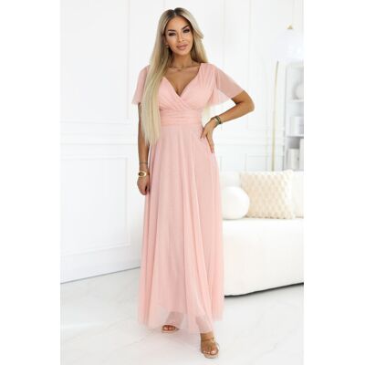 numoco basic 635-7 MELANIA długa błyszcząca suknia na wesele z dekoltem i krótkim rękawkiem - brzoskwiniowa - UNI numoco basic 635-7 MELANIA długa błyszcząca suknia na wesele z dekoltem i krótkim rękawkiem - brzoskwiniowa - UNI