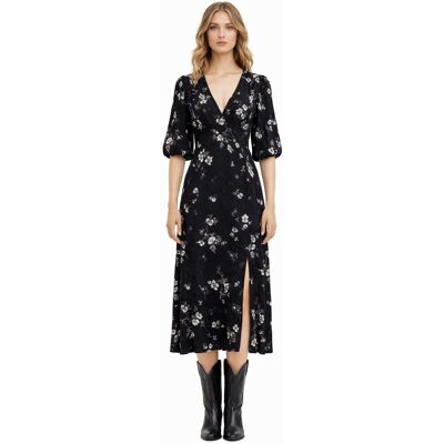 ALLSAINTS CZARNA SUKIENKA MIDI W KWIATY Z ROZSZERZANYM RĘKAWEM 34 I3A ALLSAINTS CZARNA SUKIENKA MIDI W KWIATY Z ROZSZERZANYM RĘKAWEM 34 I3A