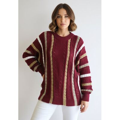 FIGL Ażurowy sweter damski oversize w pionowe paski z okrągłym dekoltem - M1276, bordowy, L FIGL Ażurowy sweter damski oversize w pionowe paski z okrągłym dekoltem - M1276, bordowy, L
