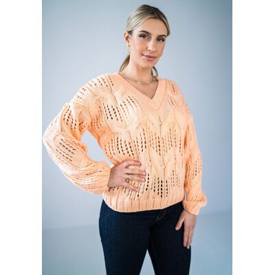 FIGL Ażurowy sweterek w serek - pomarańczowy M910 rozmiar oversize FIGL Ażurowy sweterek w serek - pomarańczowy M910 rozmiar oversize