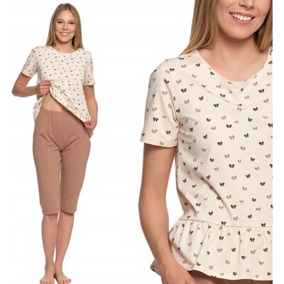 Bawełniana Piżama Damska W Kokardki Krótki Rękaw Spodnie 3/4 Moraj S Beige Bawełniana Piżama Damska W Kokardki Krótki Rękaw Spodnie 3/4 Moraj S Beige