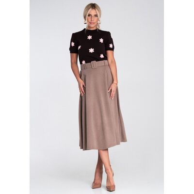 Beżowa spódnica midi rozkloszowana na gumce z paskiem Figl elegancka do pracy i na co dzień - M1234, beżowy, M Beżowa spódnica midi rozkloszowana na gumce z paskiem Figl elegancka do pracy i na co dzień - M1234, beżowy, M