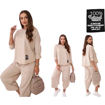 Kesi Beżowy komplet bawełniany damski: bluza oversize i spodnie Kesi Beżowy komplet bawełniany damski: bluza oversize i spodnie