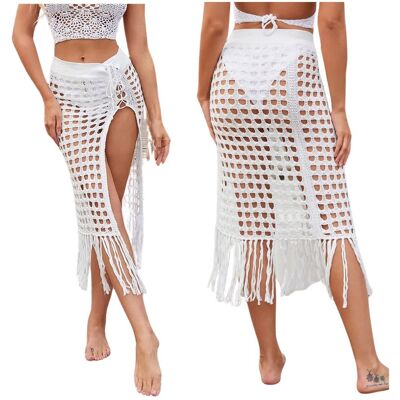 Zolta Biała ażurowa midi spódnica plażowa boho frędzle stylowa prosta XL Zolta Biała ażurowa midi spódnica plażowa boho frędzle stylowa prosta XL
