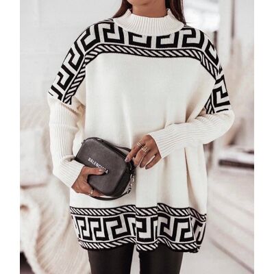 Inny producent Biały Sweter Damski Plus Size (48-54) Grecki Wzór *Made In Italy* Inny producent Biały Sweter Damski Plus Size (48-54) Grecki Wzór *Made In Italy*