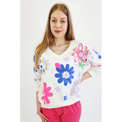 Nelino Bluza Damska w Kwiaty Biała z chabrowym S/M Nelino Bluza Damska w Kwiaty Biała z chabrowym S/M