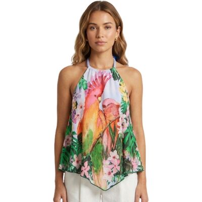 Bluzka damska Desigual Top czarny w neonowe pasy halter-L Bluzka damska Desigual Top czarny w neonowe pasy halter-L