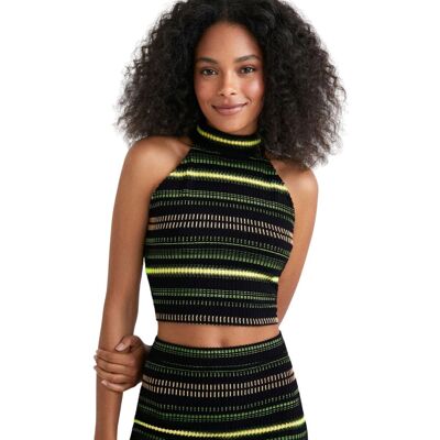 Bluzka damska Desigual Top czarny w neonowe pasy halter-XL Bluzka damska Desigual Top czarny w neonowe pasy halter-XL