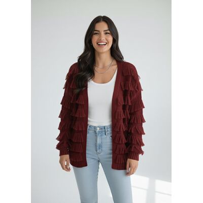 FIGL Bordowy kardigan damski oversize z frędzlami bez zapięcia, dekolt V, 100% akryl - M1259, bordowy, M FIGL Bordowy kardigan damski oversize z frędzlami bez zapięcia, dekolt V, 100% akryl - M1259, bordowy, M