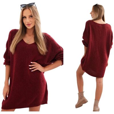 Kesi Bordowy sweter damski oversize Plus Size z dekoltem V Kesi Bordowy sweter damski oversize Plus Size z dekoltem V
