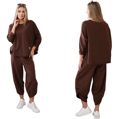 Kesi Brązowy komplet bawełniany damski: bluza oversize i spodnie Kesi Brązowy komplet bawełniany damski: bluza oversize i spodnie
