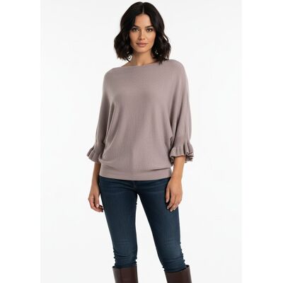 FIGL Brązowy sweter damski nietoperzowy z falbaną przy rękawach 3/4 dekolt łódka casual - M1257, brązowy, XL FIGL Brązowy sweter damski nietoperzowy z falbaną przy rękawach 3/4 dekolt łódka casual - M1257, brązowy, XL