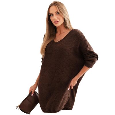 Kesi Brązowy sweter damski oversize Plus Size z dekoltem V Kesi Brązowy sweter damski oversize Plus Size z dekoltem V