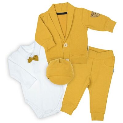 Chłopięcy komplet body z długim rękawem, czapka, spodnie i bluza żółty Nicol,r.68 Chłopięcy komplet body z długim rękawem, czapka, spodnie i bluza żółty Nicol,r.68