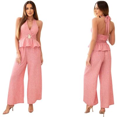 Kesi Ciemny pudrowy róż komplet damski elegancki top halter z klamrą i spodnie Kesi Ciemny pudrowy róż komplet damski elegancki top halter z klamrą i spodnie
