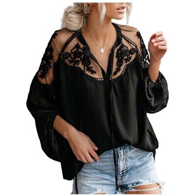 Luvu Czarna bluzka koszula boho siateczka haft - S Luvu Czarna bluzka koszula boho siateczka haft - S