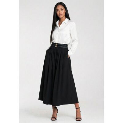 Czarna elegancka spódnica midi z wysokim stanem, zakładkami i paskiem Figl - M1285, czarny, S Czarna elegancka spódnica midi z wysokim stanem, zakładkami i paskiem Figl - M1285, czarny, S