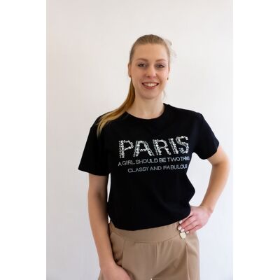 Nelino Czarna Koszulka z Napisem Paris Cyrkonie M Nelino Czarna Koszulka z Napisem Paris Cyrkonie M