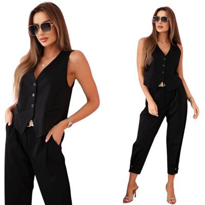 Kesi Czarny elegancki komplet damski kamizelka z guzikami + spodnie Kesi Czarny elegancki komplet damski kamizelka z guzikami + spodnie
