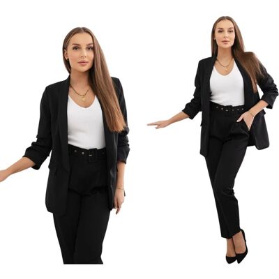 Kesi Czarny elegancki komplet damski – marynarka i spodnie z paskiem Kesi Czarny elegancki komplet damski – marynarka i spodnie z paskiem