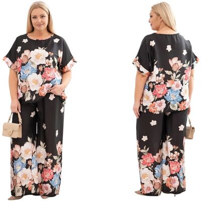 Kesi Czarny komplet damski plus size bluzka z krótkim rękawem i spodnie Kesi Czarny komplet damski plus size bluzka z krótkim rękawem i spodnie