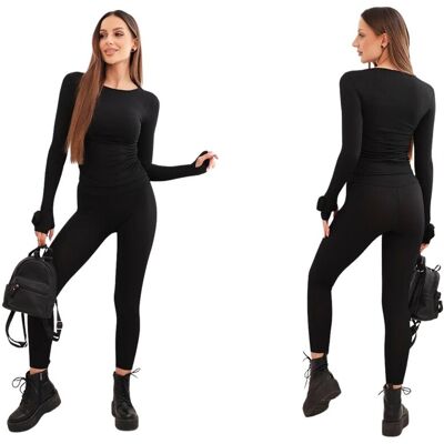 Kesi Czarny komplet damski prążkowany z wiskozy bluzka i legginsy Kesi Czarny komplet damski prążkowany z wiskozy bluzka i legginsy